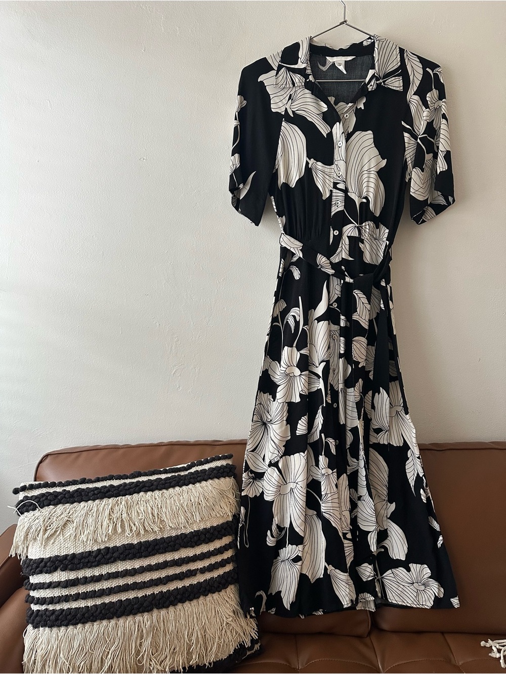 H&M • Large Print Floral Button Down Midi Dress in Black/White